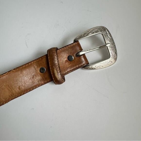 Ostrich Leather Belt Exotic Brown Tan Vintage Distressed Western Silver Mens 40 - Picture 5 of 16